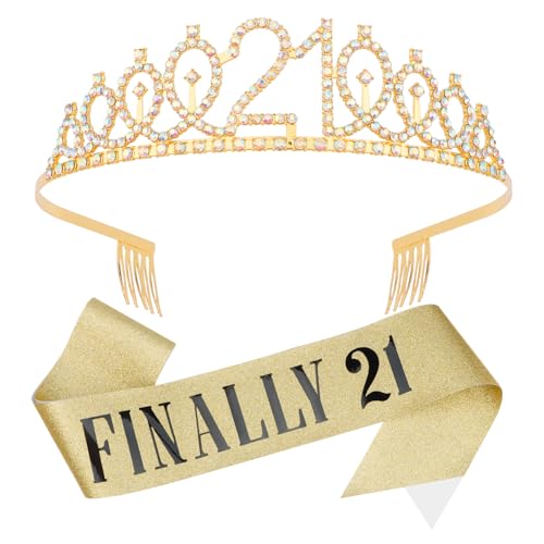 KICOSY 21st Birthday Crowns and Sashes for Women, Princess Tiara Sash Set Elegant Gold Crown with Combs for Girls 21st Bir...