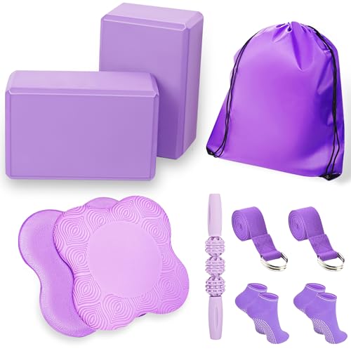 SAMTKA 2 Yoga Blocks Supportive Accessories including 2 Knee Pads, 2 With Strap To Put Less Weight On Wrists, 1 Muscle Mas...