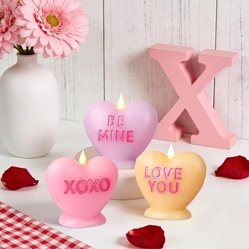 LCZLUMIPRO Valentine's Day Candles Heart Candle Flameless Candles Flickering 3 Pack Battery Operated LED Heart Shaped Candles with Realistic Warm Flame Effect Romantic Decor for Wedding Anniversary