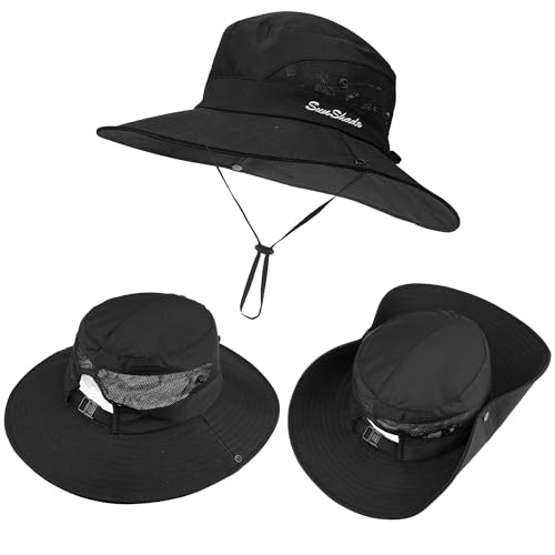 Women's Outdoor UV-Protection-Foldable Sun-Hats Mesh Wide-Brim Beach Fishing Hat with Ponytail-Hole