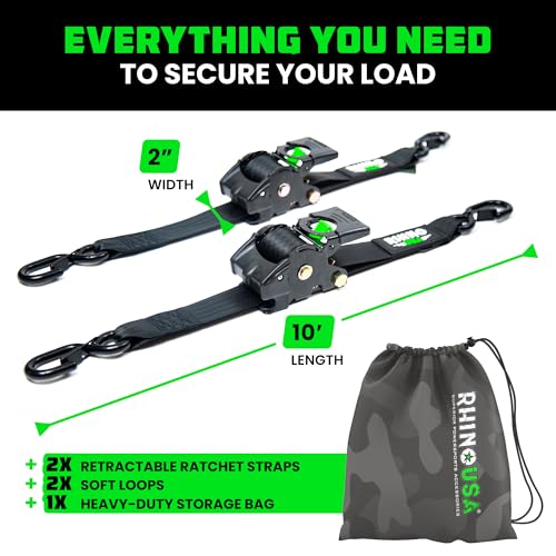 Rhino USA Retractable Ratchet Straps (2-Pack) - 2 Inch x 10 Feet (3,033lb Break Strength) - Heavy Duty Auto Self Retractin...