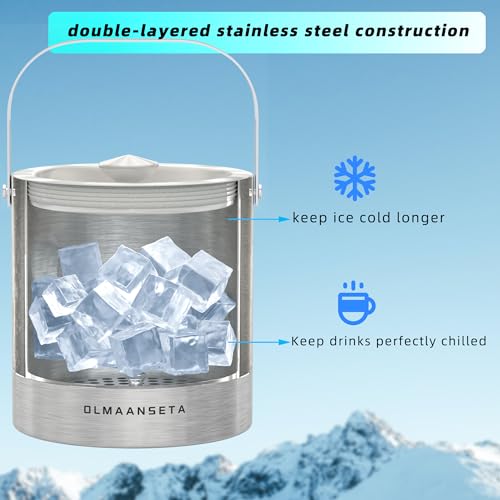 Olmaanseta Stainless Steel Ice Bucket For Parties With Lid And Ice Tongs,Insulated Wine Bucket With Strainer Keeps Drinks ...