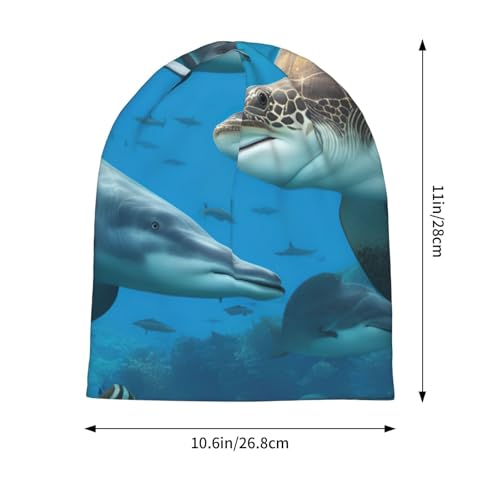 Dolphins Sea Turtle Shark Octopus Coral Reef Print Beanie Hat for Men and Women Stretchy Slouchy Winter Warm Cap Headwear ...