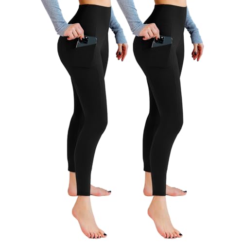 Leafigure 2 Pack Leggings with Pockets for Women, High Waisted Soft Leggings for Yoga Gym