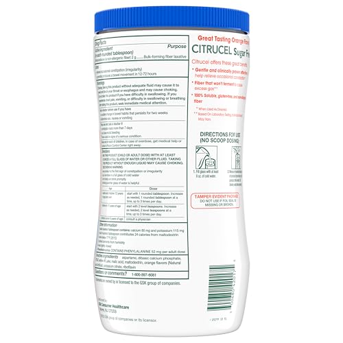 CITRUCEL Sugar Free Fiber Powder for Occasional Constipation Relief, Methylcellulose Fiber Powder, Orange Flavor - 16.9 Ounces