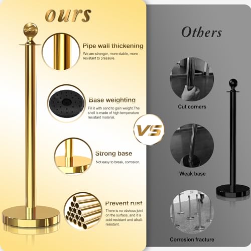 4PCS Gold Stanchions Posts with 3PCS 5 ft Red Velvet Rope, Red Velvet Rope Stanchion Set Crowd Control Barriers, Stanchion...
