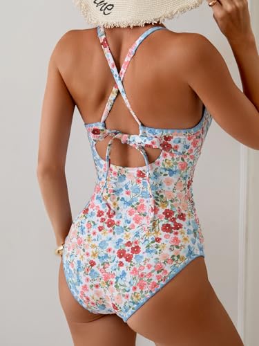 Eomenie Women's One Piece Swimsuit Tummy Control Slimming Bathing Suit Ruched Swimwear Tie Back Shell Stitch Swim Suit