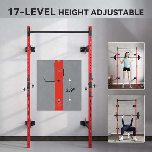 Soozier Folding Squat Rack with Adjustable Pull-Up Bar, 1000 Pounds Capacity Wall Mounted Power Rack, Adjustable Barbell R...