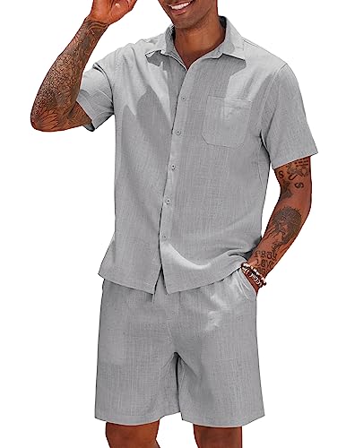 COOFANDY Men 2 Piece Linen Set Casual Short Sleeve Shirt and Short Beach Set