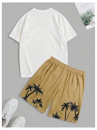 BEAUDRM Men's Plus Size 2 Piece Outfit Tropical Print Crew Neck Short Sleeve T Shirt and Shorts Beach Set