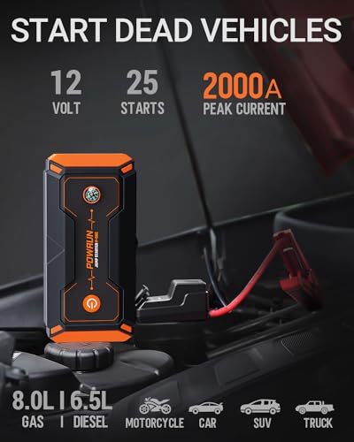 Powrun P-ONE Jump Starter, 2000A Portable Jump Box - Car Jump Starter Battery Pack for up to 8.0L Gas and 6.5L Diesel Engi...