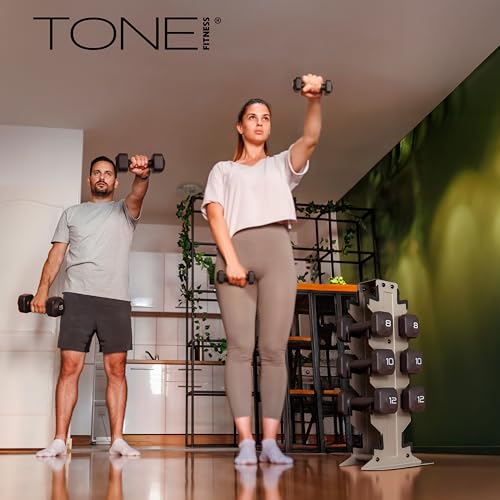 Tone Fitness Neoprene Dumbbell Set with Storage Rack – Non-Slip, Anti-Roll Hand Weights for Home Gym Workouts | 20 lb, 32 ...