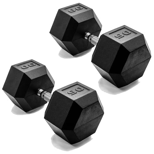 CAP Barbell 90 LB Rubber Coated Hex Dumbbell Hand Weight - Pair | Chrome Handle