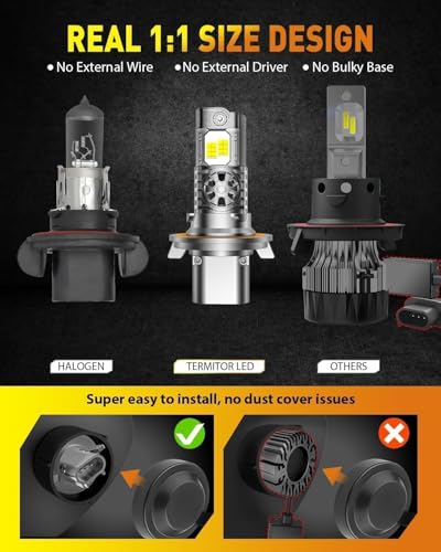 Termitor Latest & Brightest H13/9008 Light Bulbs, 10X 50,000LM Extreme Brightness, 6500K Cool White, 1:1 Min Size, Plug-N-...