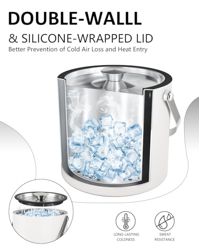 Bakpoco Insulated Ice Bucket with Silicone Lid, Scoop, Tongs & Strainer, 3L Stainless Steel Double Wall Ice Buckets for Pa...
