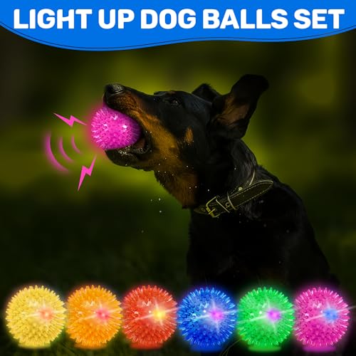 Ousiya 6 Pack 2.5" Light Up Squeaky Dog Balls, Spiky Dog Toy Balls for Puppy Small,Medium Dogs