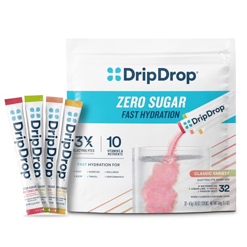 DripDrop Sugar Free Hydration Packets - Zero Classic Variety Pack - Single Serve Electrolytes Powder Drink Mix - Lemon Lim...