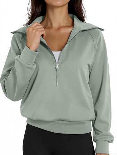 Women's Cropped Half Zip Pullover Quarter Zipper Long Sleeve Sweatshirt for Casual Wear