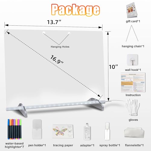 LED Note Board with Colors, 13.7"X10" 6 Modes & 8 Colors Acrylic Dry Erase Boards with Light, Include Adapter, Hanging Cha...