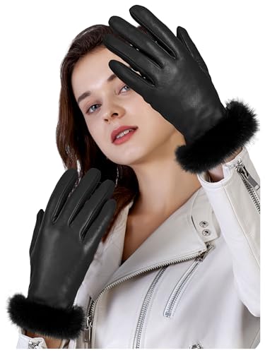 FIORETTO Womens Chrome-Free Genuine Leather Gloves with Fur Cuff Touchscreen Winter Warm Driving Gloves Cashmere Lined 21020