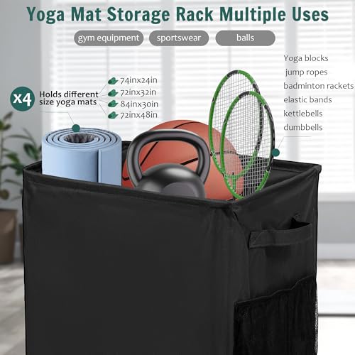 Wymulot Yoga Mat Storage Racks, Home Gym Storage Rack with Wheels, Yoga Mat Holder Side 2 Mesh Pockets, Yoga Storage Baske...