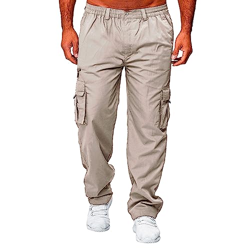 Cargo Pants for Men Outdoor Hiking Button Elastic Waisted Casual Pants Loose Baggy Straight Leg Breathable Athletic Trousers