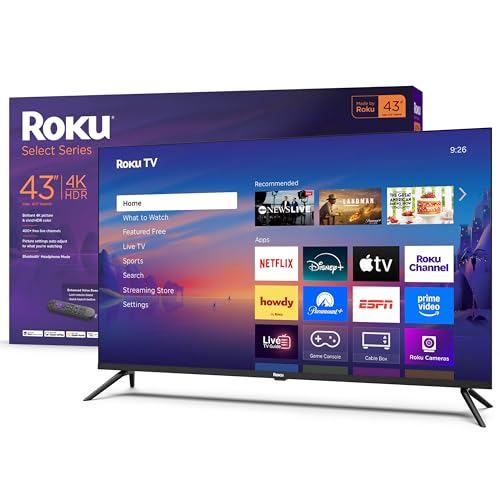 Roku Smart TV 2025 – 43-Inch Select Series, 4K HDR TV – RokuTV with Enhanced Voice Remote – Flat Screen LED Television wit...