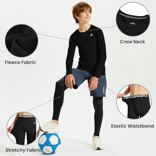 DEVOROPA Youth Boys Fleece Lined Compression Shirts & Pants Kids Girls Thermal Underwear Set Athletic Tops Leggings Baselayer