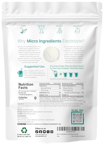 Micro Ingredients Hydration Electrolyte Powder, 1 lb (69 Servings) | Lemon Raspberry Flavor | High Potassium (1,000mg) + C...