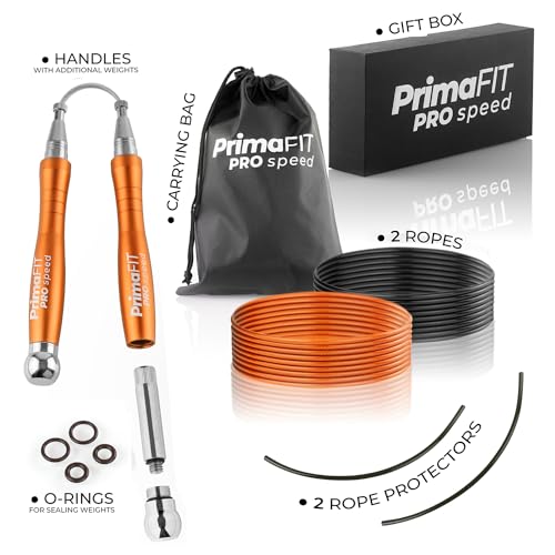 PrimaFIT Jump Rope Pro Speed Skipping Rope Adjustable Adult Jumping Rope Weighted Aluminium Handles for Double Dutch Boxin...
