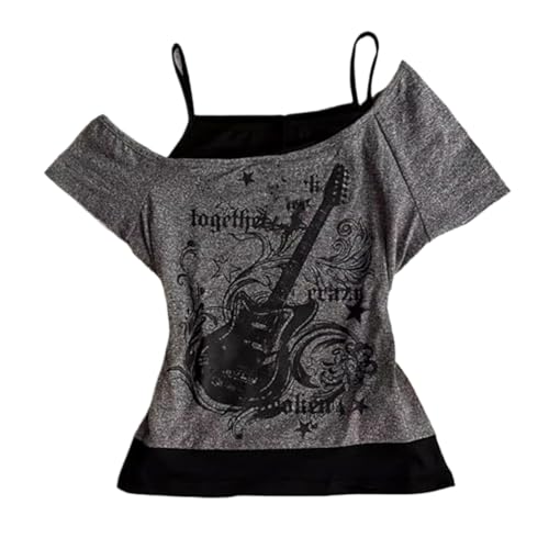 Emo Grunge Shirts Women 2000s Graphic Baby Tees Fake Two Piece Short Sleeve Vintage Y2k Crop Top Goth Alt Clothes (Grey Black,S,Small)