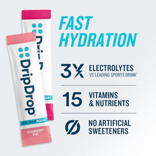 DripDrop Zero Sugar Plus - Sugar Free Hydration Packets - Single Serve Electrolytes Powder Drink Mix - Strawberry Kiwi, Pe...