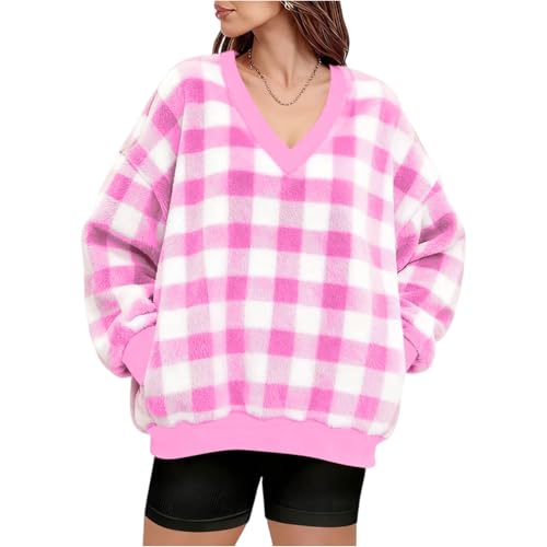 V Neck Sweatshirts For Women Oversized Flannel Long Sleeve Sweatshirt Fleece Tops Plaid Fuzzy Hoodies Fall Soft Blouse