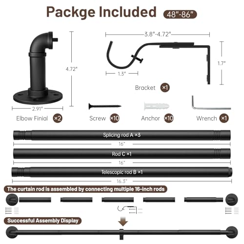 Zeerobee Curtain Rods for Windows 48 to 84, 1 Inch Industrial Wrap Around Black Curtain Rod, Indoor/Outdoor Room Divider A...
