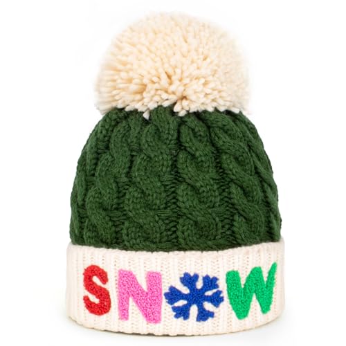 LILLBJORNEN Christmas Merry Beanie for Women Winter Crochet Hat Chunky Cable Knit Pompom Santa Hat