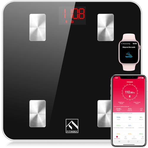 FITINDEX Scale with BMI, Body Fat, Muscle Mass, Smart Scale for Body Weight, Bluetooth, Digital, Sync with App, User Healt...