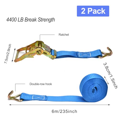 Ratchet Straps - 2 Pack 1.5 Inch Heavy Ratchet Duty Tie-Down Straps, Cargo Straps Ratcheting with Double J-Hook, 4400 LB B...