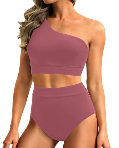 Holipick Women One Shoulder High Waisted Bikini Sets Two Piece Swimsuit Tummy Control Bathing Suit Full Coverage Swimwear