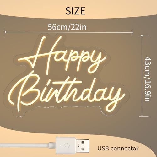 HMT Happy Birthday Neon Sign for Backdrop Wall Decor Large Size 22×16.9 Inch Happy Birthday LED Neon Lights for Birthday P...