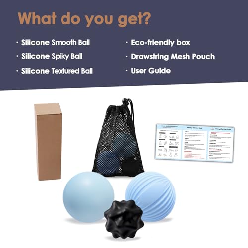 YIXIUTEN 3-Piece Silicone Lacrosse Ball Set for Deep Tissue and Trigger Points - Smooth, Textured, and Spiky Massage Balls...