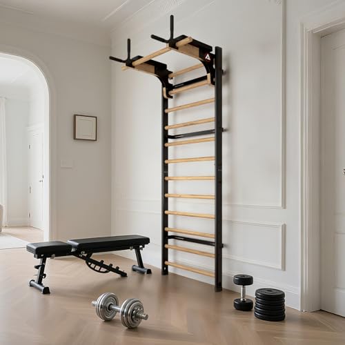 Swedish Ladder Pro, Wood Stall Bar with Push-Through Bar, Adjustable Pull-Up Dip Bar for Adults and Kids, Accessories Bund...