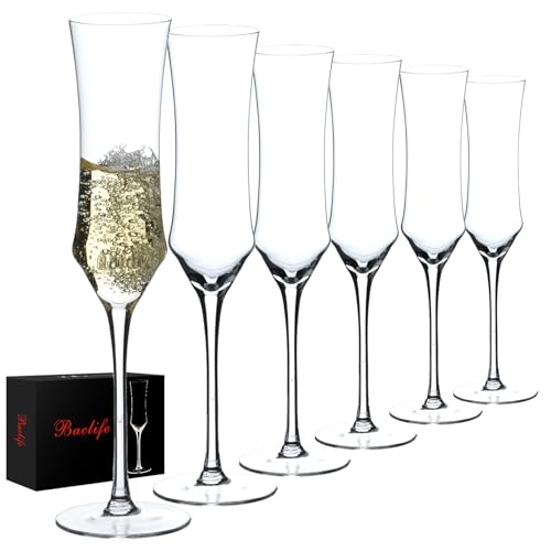 Champagne Flutes Set of 6 - Hand Blown Crystal Champagne Glasses With Long Stem - 7 oz Elegant Sparkling Wine Stemware - U...