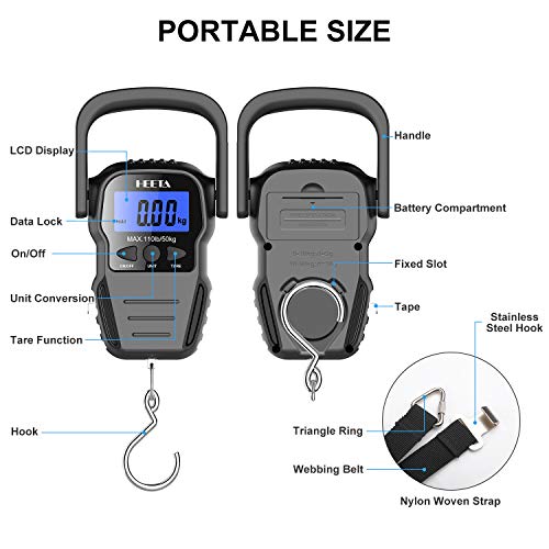 HEETA Fish Scale with Backlit LCD Display, Up to 110lb/50kg Digital Portable Hanging Fish Weight Scale with Hook & Measuri...