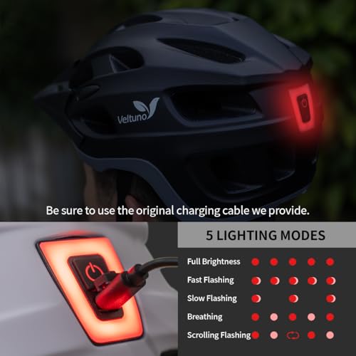 Veltuno Bike Helmet for Adults, Lightweight Mountain Bicycle Helmet with USB Rechargeable LED Rear Light, Removable Sun Vi...