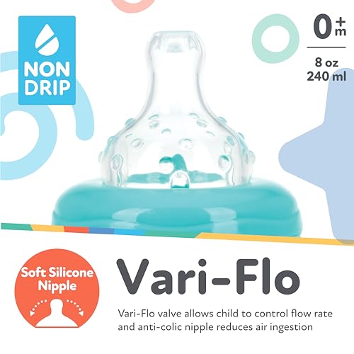 Nuby Wide Neck Non-Drip Bottle - Baby Bottles with Anti-Colic Vari-Flo Valve - (3-Pack) 8 oz - 0+ Months - Yellow, Blue, Green