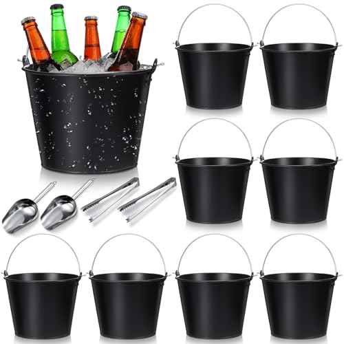 Zopeal 12 Pcs Metal Beer Buckets with Ice Shovels and Tongs Stainless Steel Ice Bucket with Handle Round Pails for Summer ...