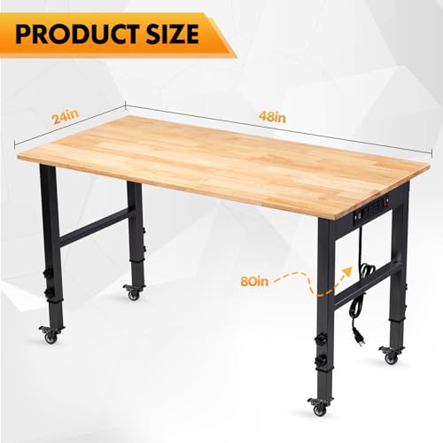 GVGBUK 48" Height Adjustable Workbench, 2000 LBS Load Capacity Rubber Wood Top Workstation, Heavy-Duty Hardwood Worktable ...
