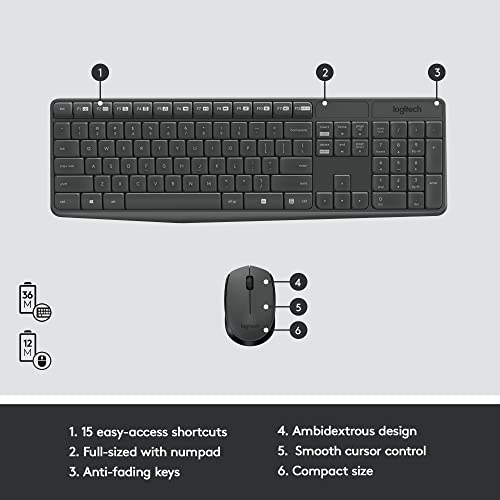 Logitech MK235 Wireless Keyboard and Mouse Combo for Windows, 2.4 GHz Wireless Unifying USB Receiver, 15 FN Keys, Long Bat...