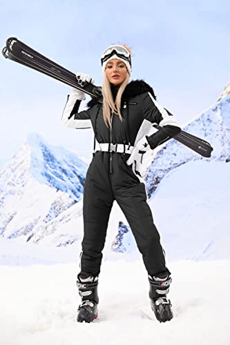 Zwurew Womens Winter Ski Suit Outdoor Sports Waterproof Snowsuit Fur Collar Ski Jumpsuit Coat