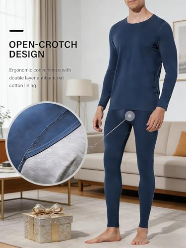 Arjen Kroos Men Thermal Underwear Set Cotton Lined Top and Bottom Set Lightweight Long Johns Warm Base Layer
